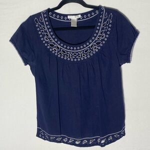 Sarah Spencer Navy Blue Linen Blend Embroidered Boho Blouse L
